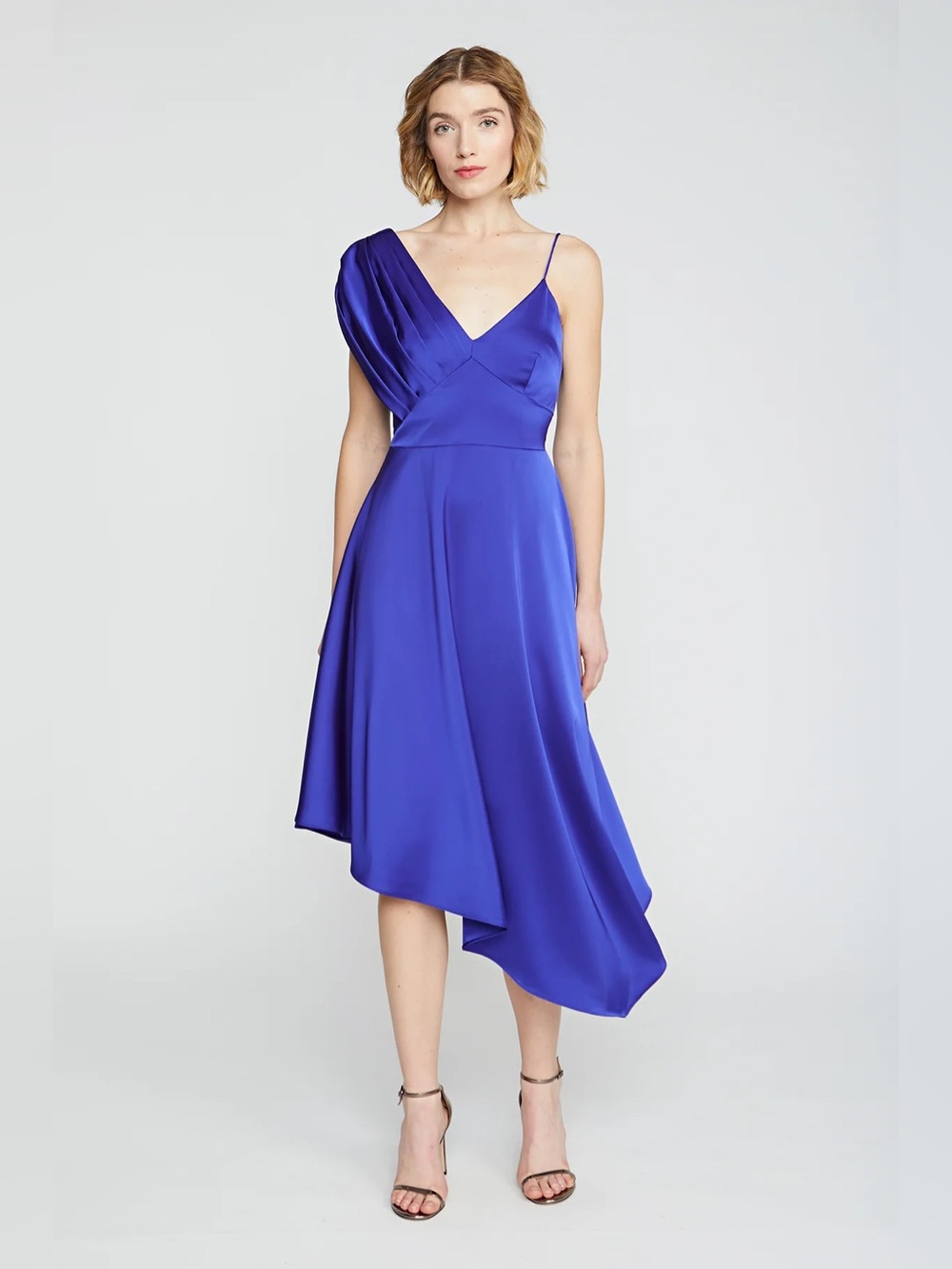 Theia Elsie Royal Blue One-Shoulder Asymmetrical Satin Dress
